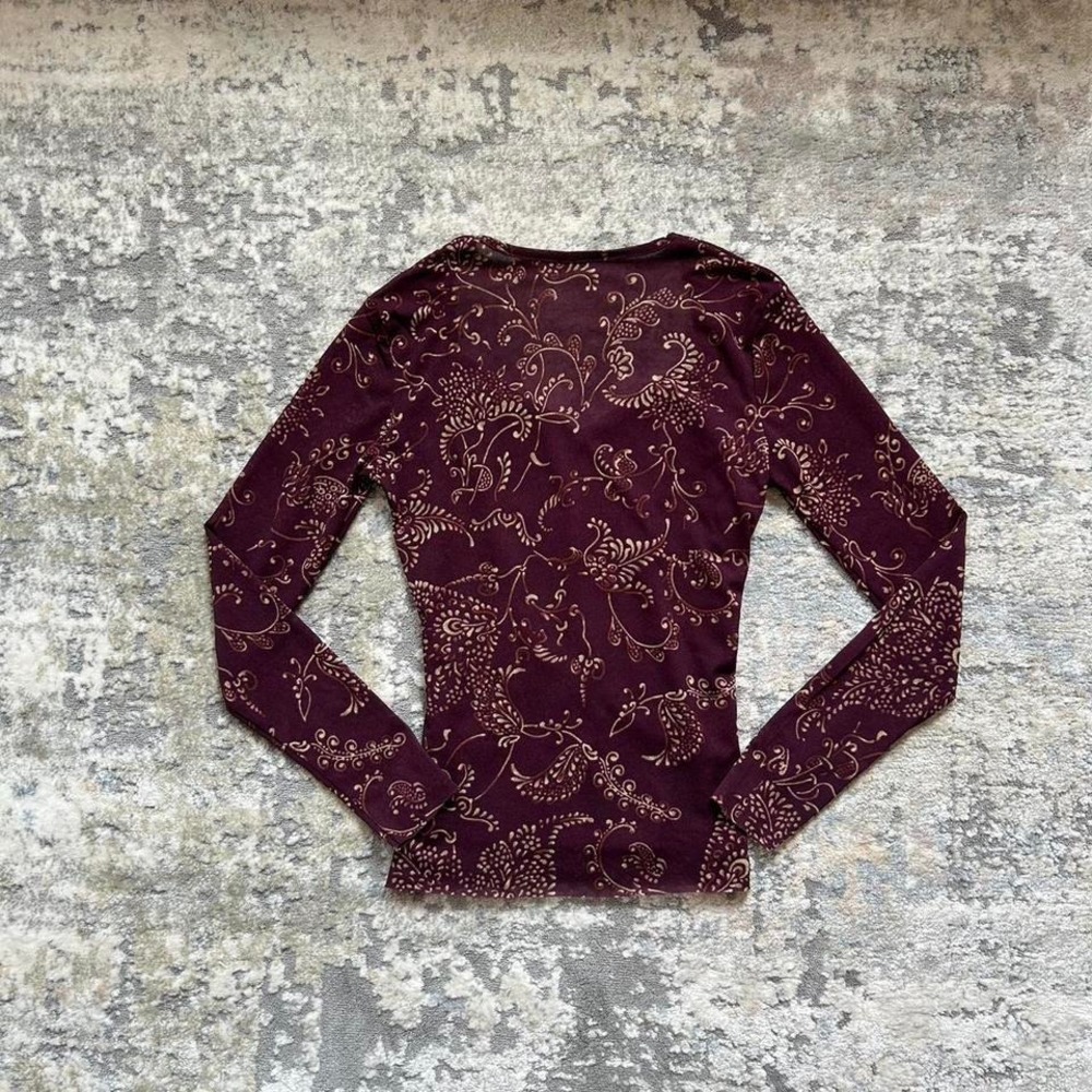 VTG y2k ruched v neck berry gold floral pattern longsleeve top fairy burgandy - Picture 2 of 6